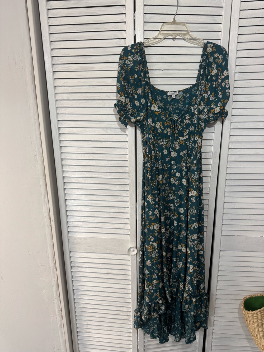 Patrons of Peace Teal Floral Puff-Sleeve Maxi Dress